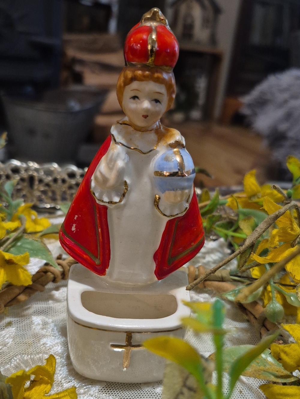 Vintage 5" Red and White Religious Figurine
